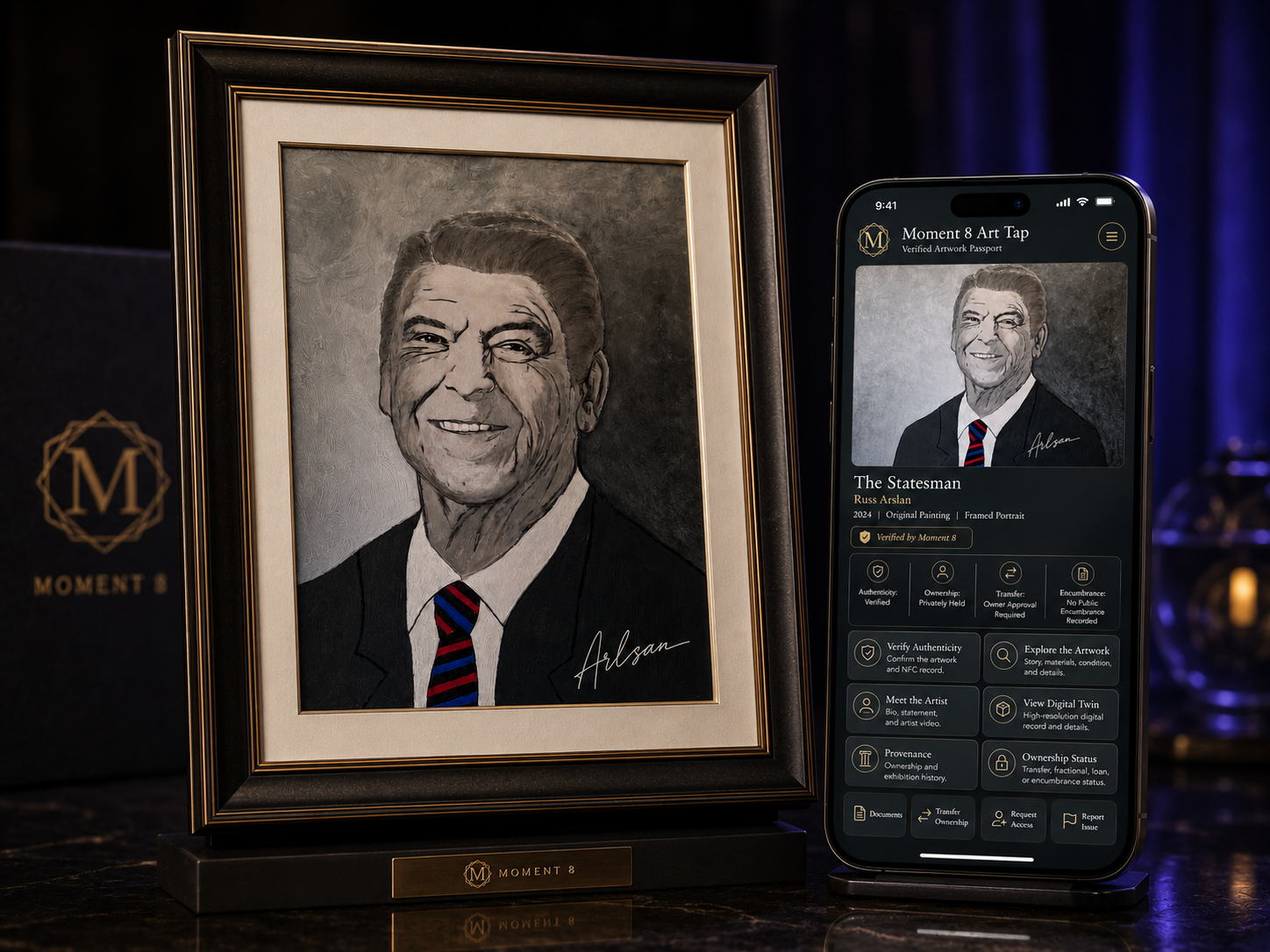 Fine Art Tap example showing framed artwork beside its verified mobile artwork passport
