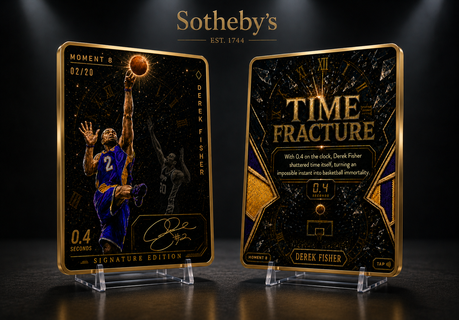 Derek Fisher MOMENT 8 legacy card front and back Sotheby's display