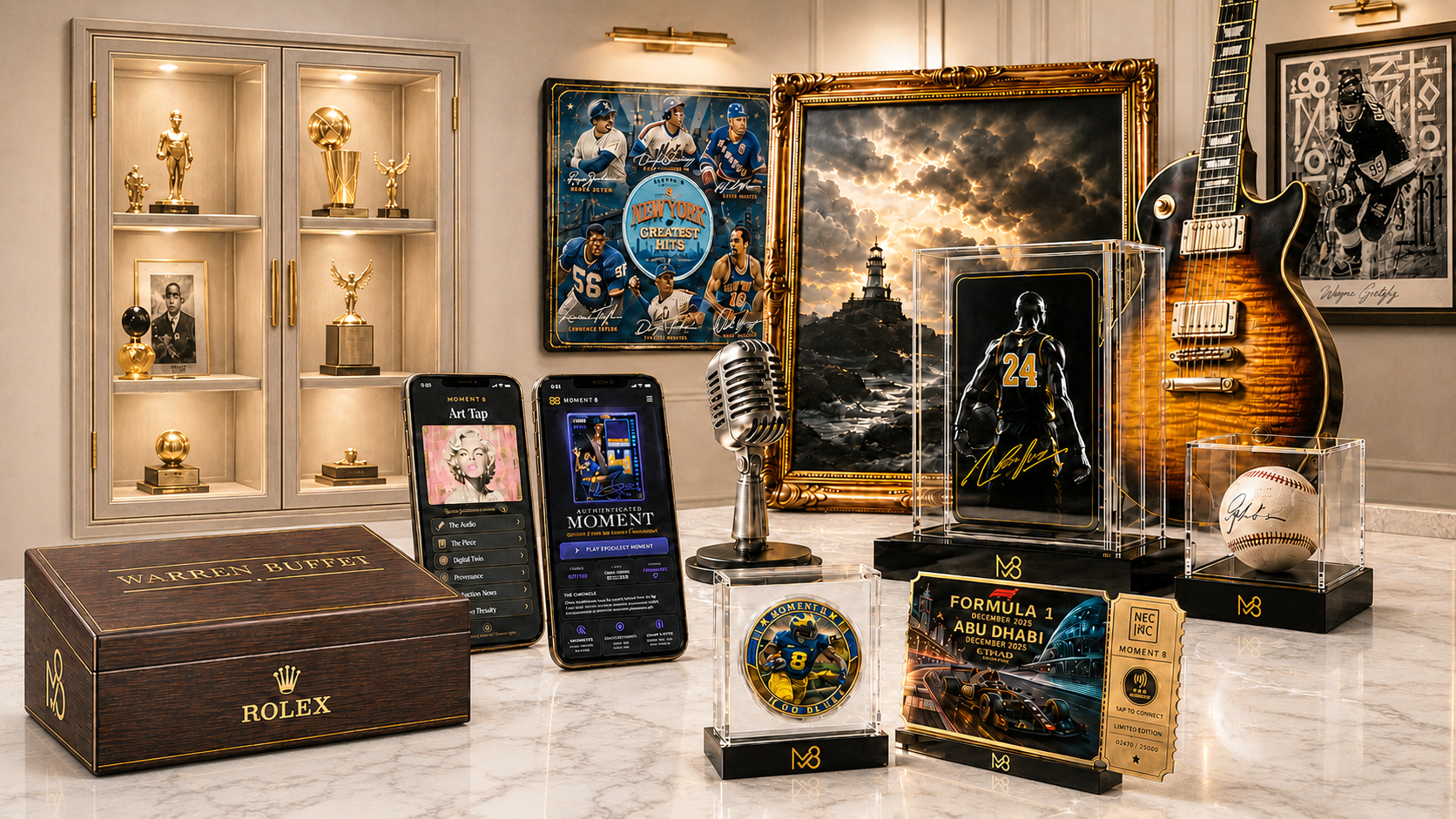 MOMENT 8 luxury collectibles display with trophies, phones, signed memorabilia, and premium display cases